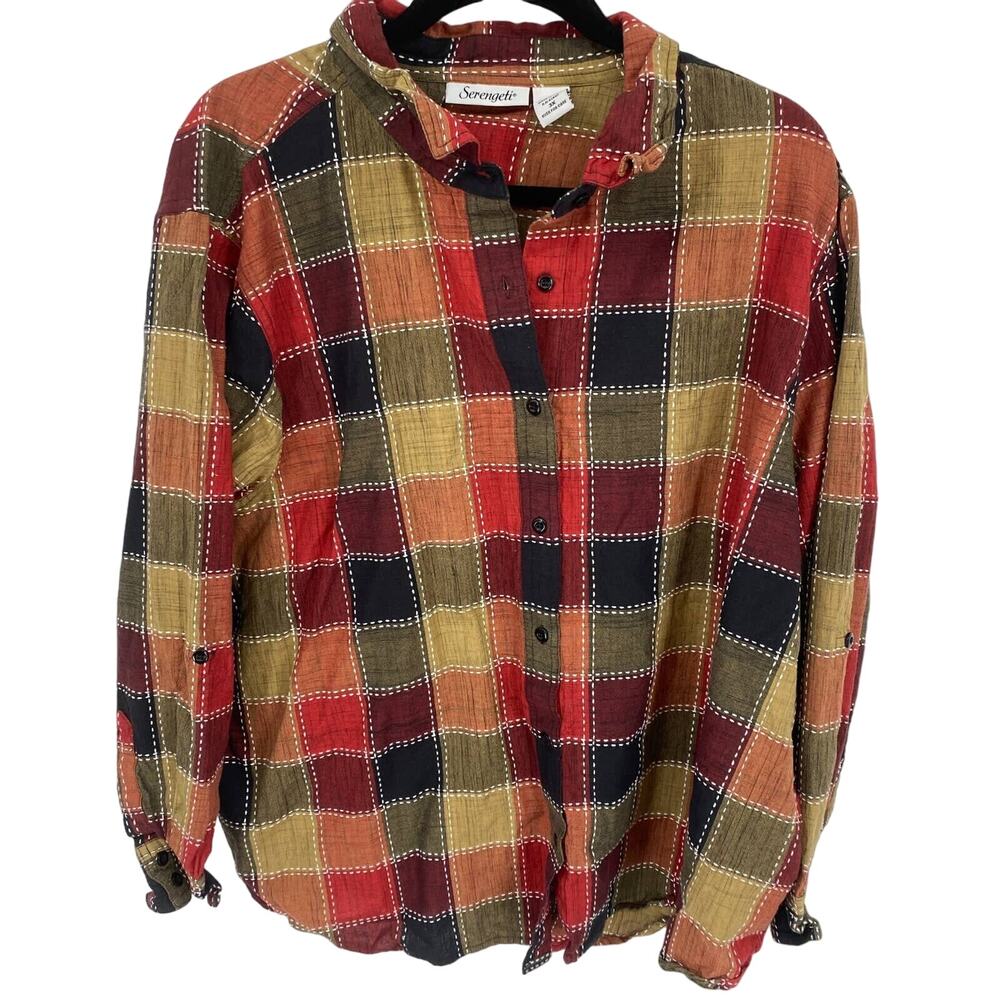 Serengeti Harvest women 3x Check Plaid long sleeve Orange Blue Tan Shirt